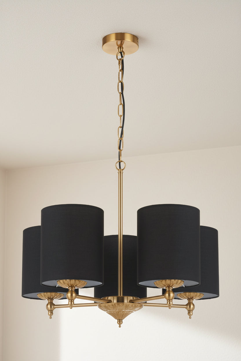 5 light antique gold chandelier with black satin shades