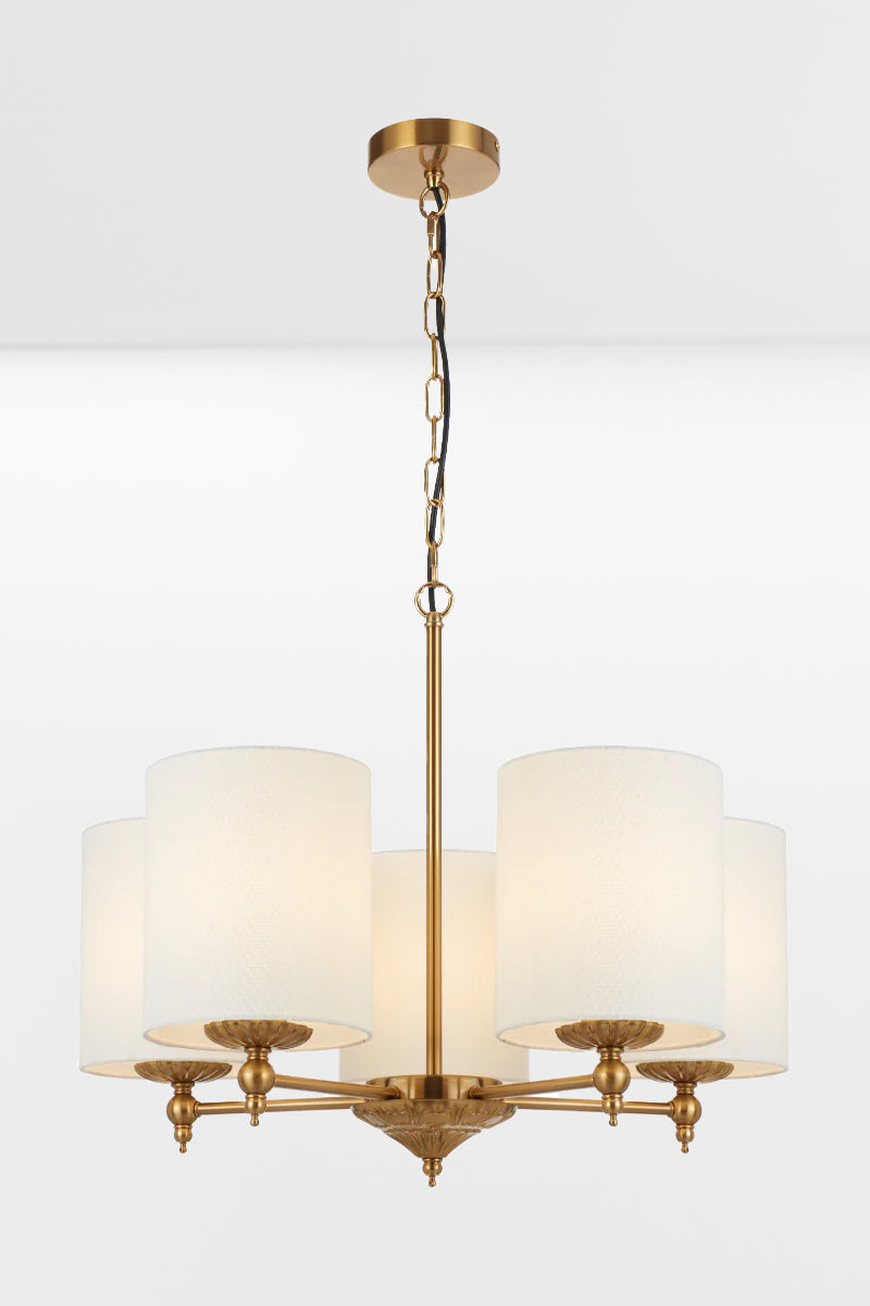 Illuminated 5 light antique gold chandelier with ivory satin shades