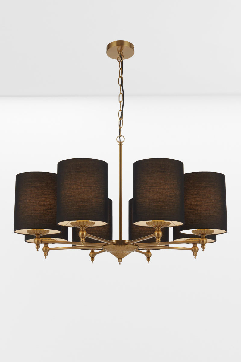 Illuminated 8 light antique gold chandelier with black satin shades