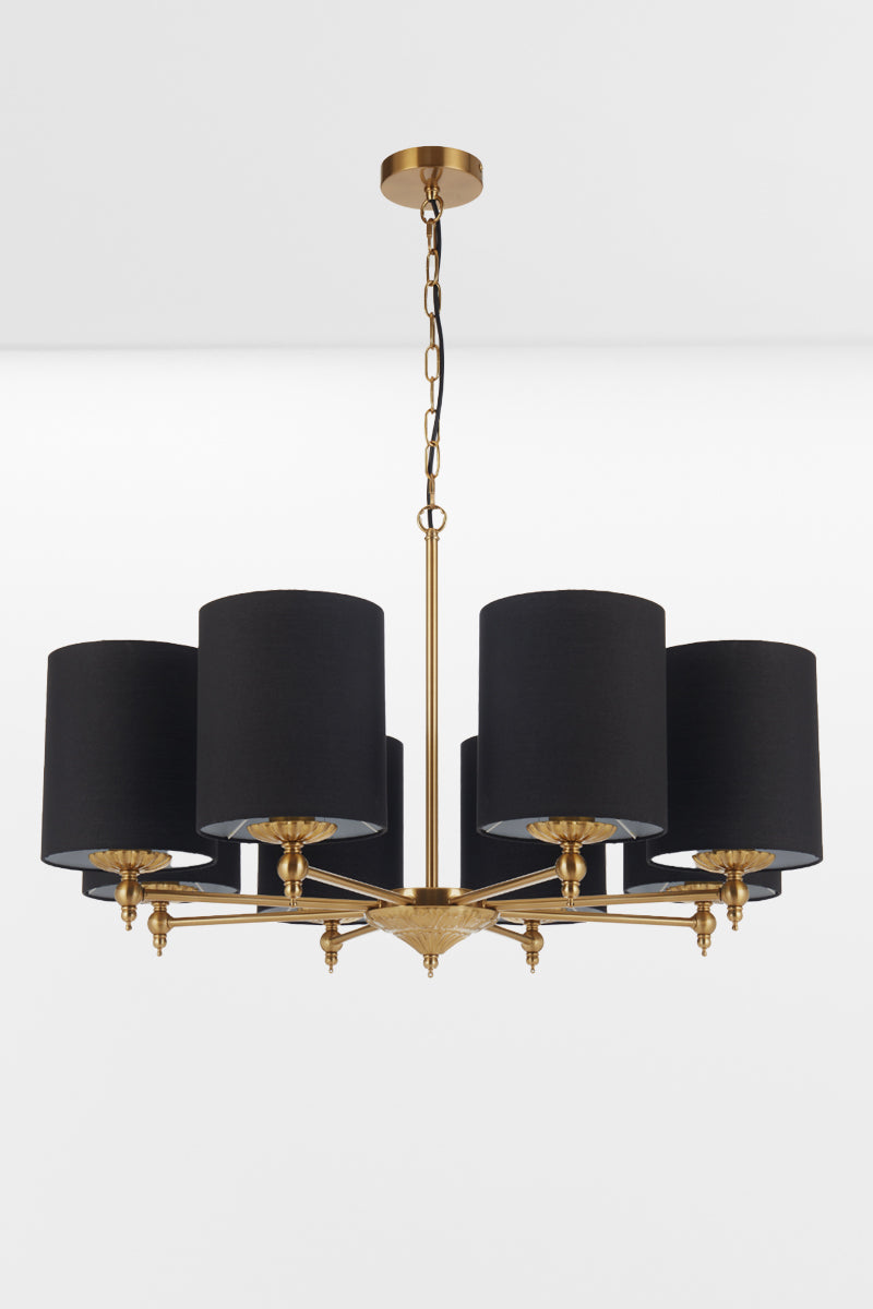 8 light antique gold chandelier with black satin shades