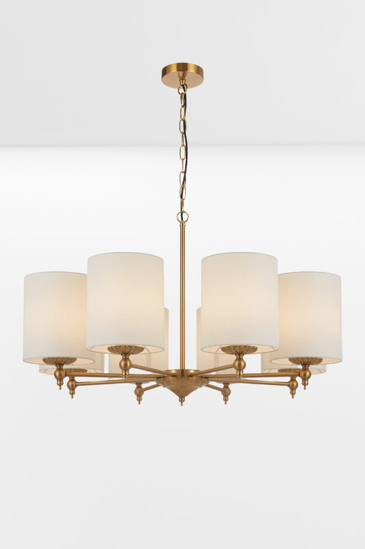 Illuminated 8 light antique gold chandelier with black cotton blend fabric shades