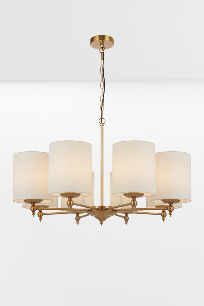 Illuminated 8 light antique gold chandelier with black satin shades