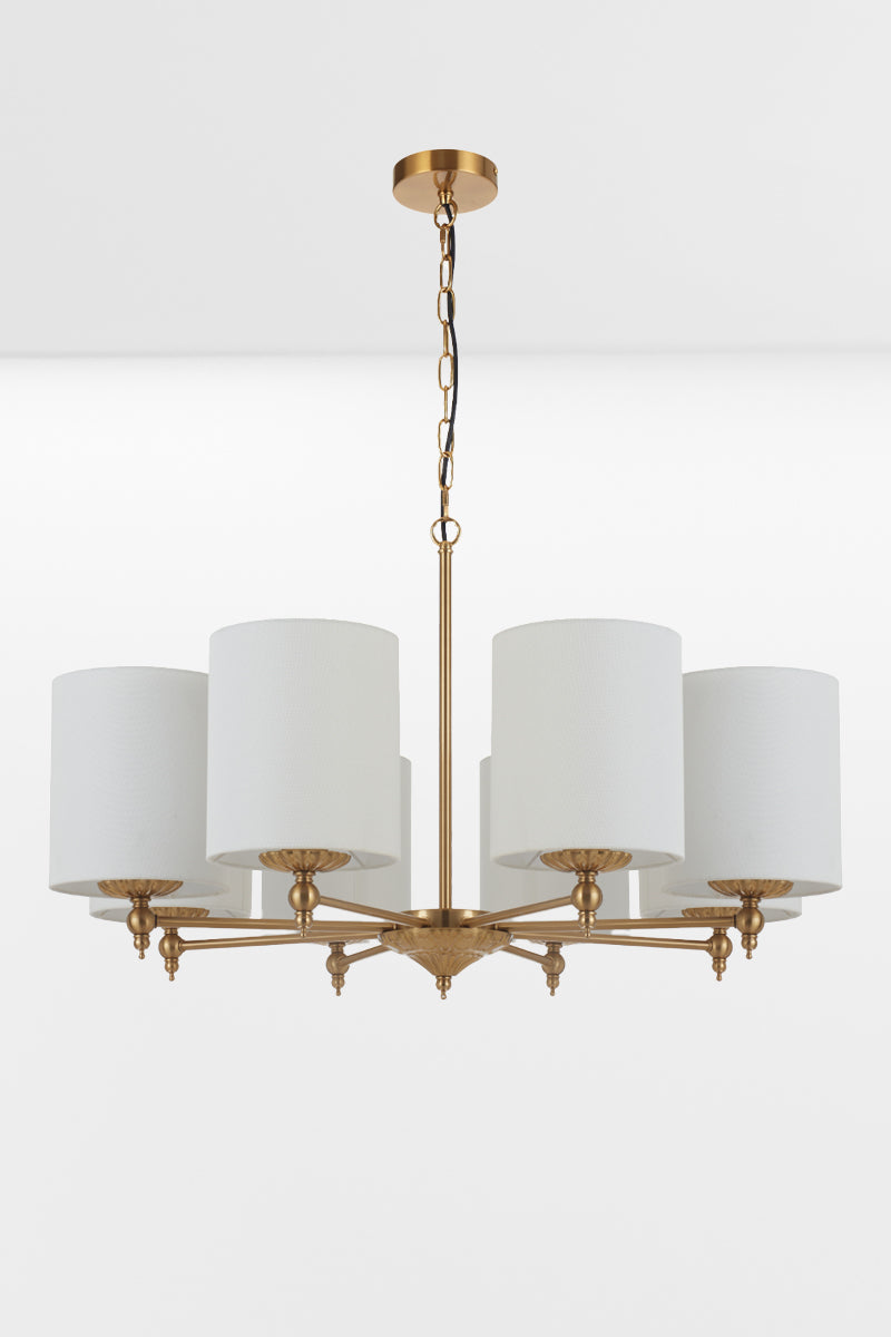 8 light antique gold chandelier with ivory satin shades