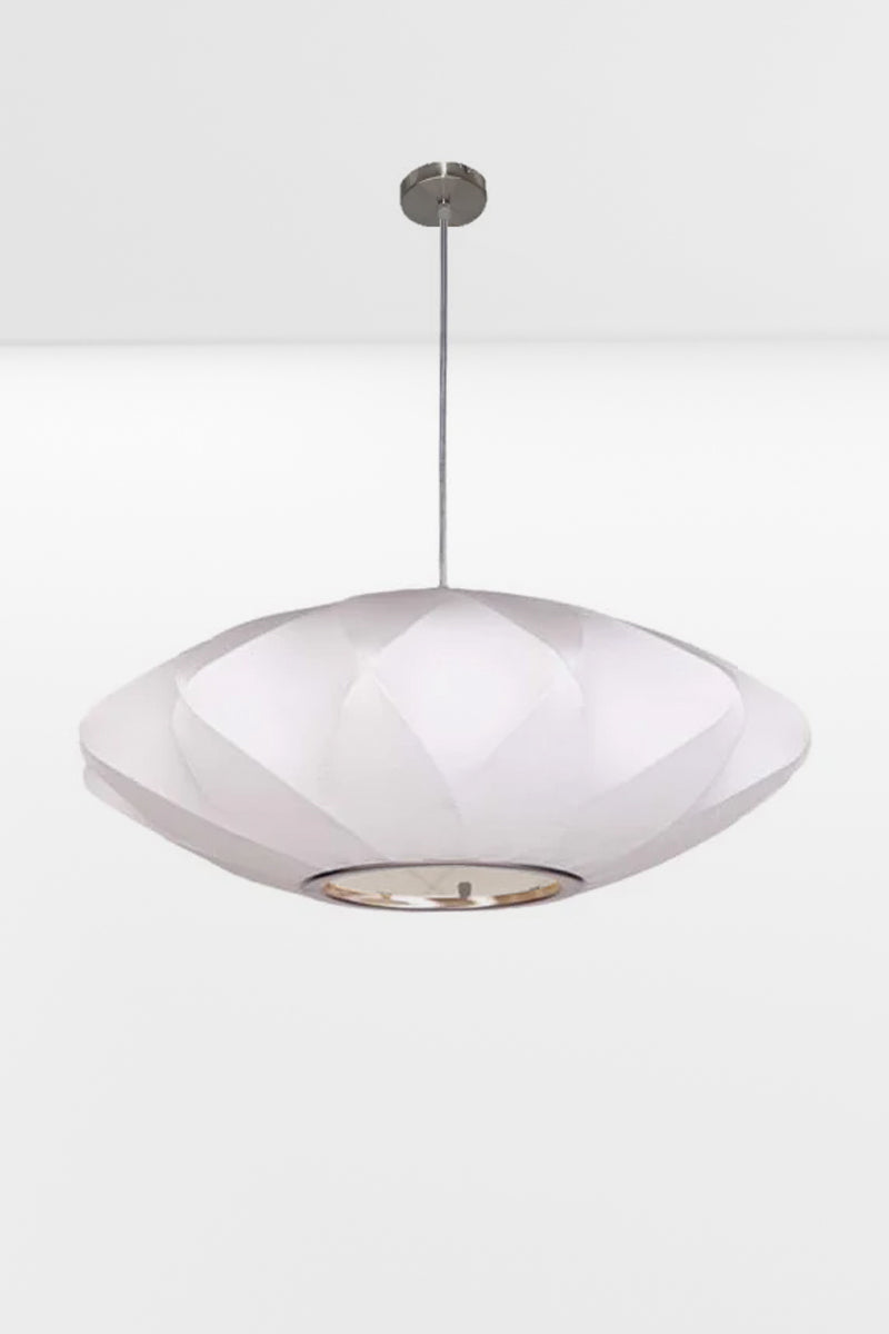 Large white fabric pendant light with nickel hardware. 