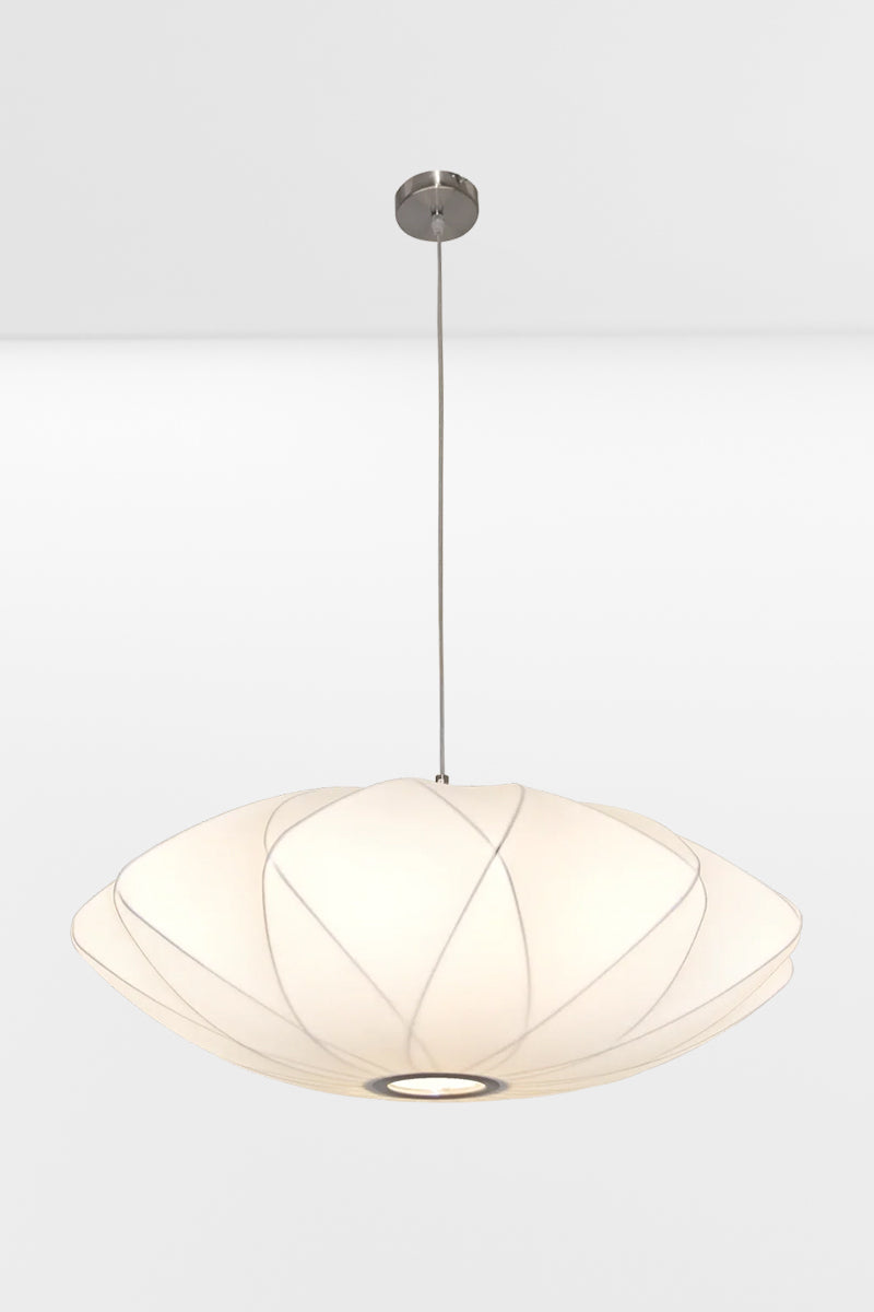 Medium pendant light with a wired frame and white fabric shade, paired with nickel finishes hardware. 