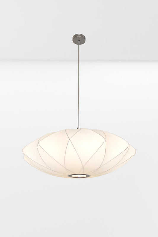 Small pendant light with a wired frame and white fabric shade, paired with nickel finishes hardware. 