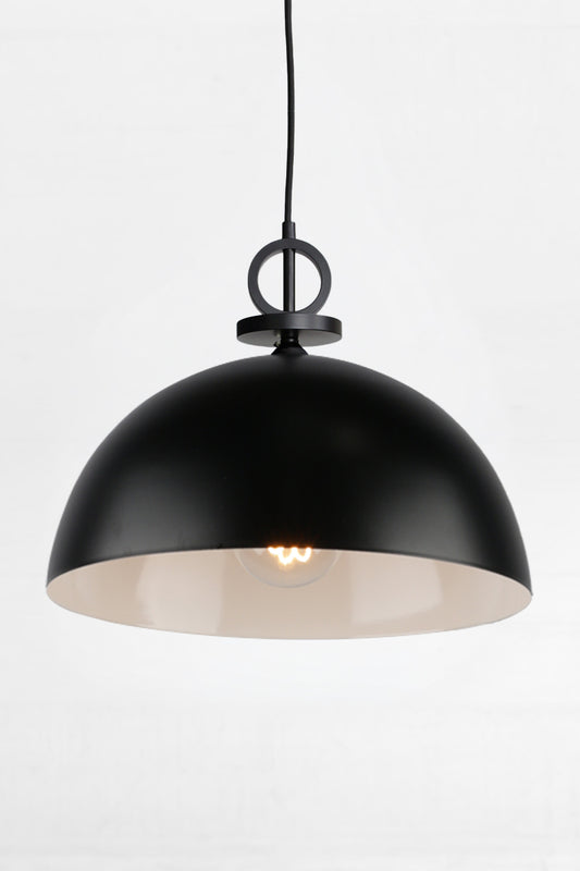 Large black steel dome shade with white inner and black pendant cord with disc detailing. 