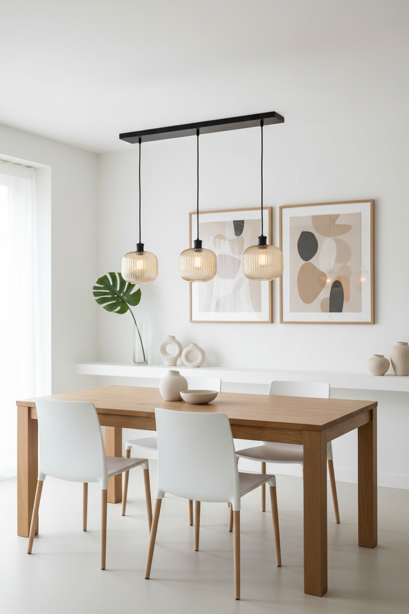 5 light multi linear pendant with amber reeded glass hangs over modern organic dining space.