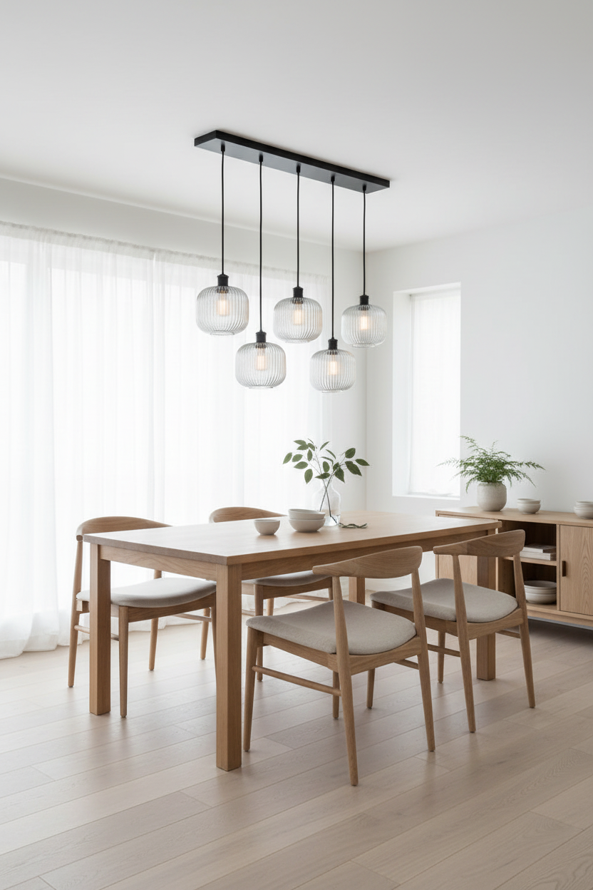 5 light multi linear pendant with clear reeded glass over a dining table with organic vibes