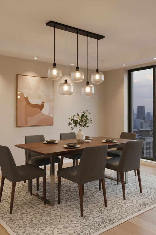 5 light multi linear pendant with clear reeded glass hades over s dining space with city views. 