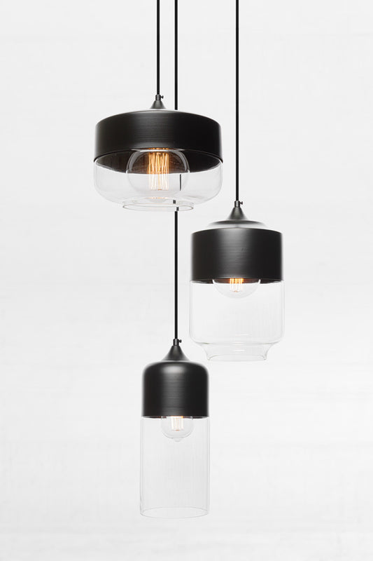 Dalton 3 drop mix mult drop pendant light with glass shades and black metal detailing. 