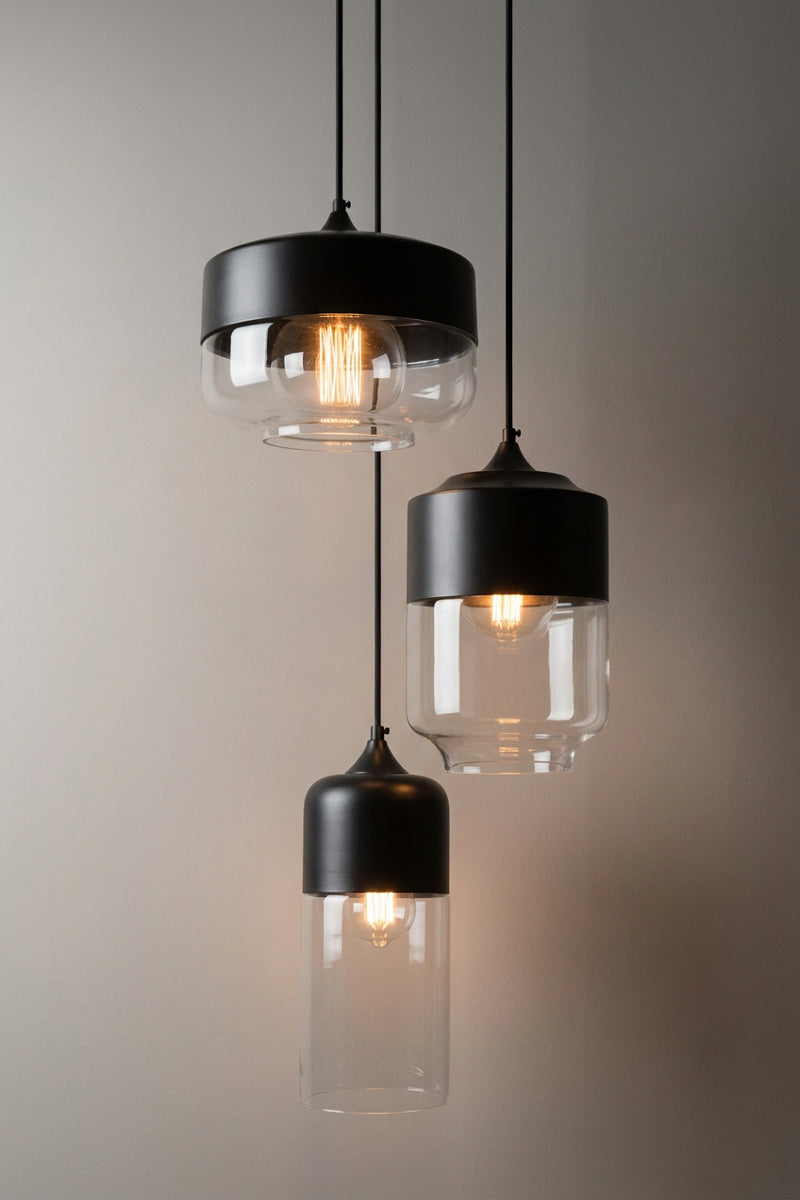 Dalton 3 drop mix mult drop pendant light with glass shades and black metal detailing. 