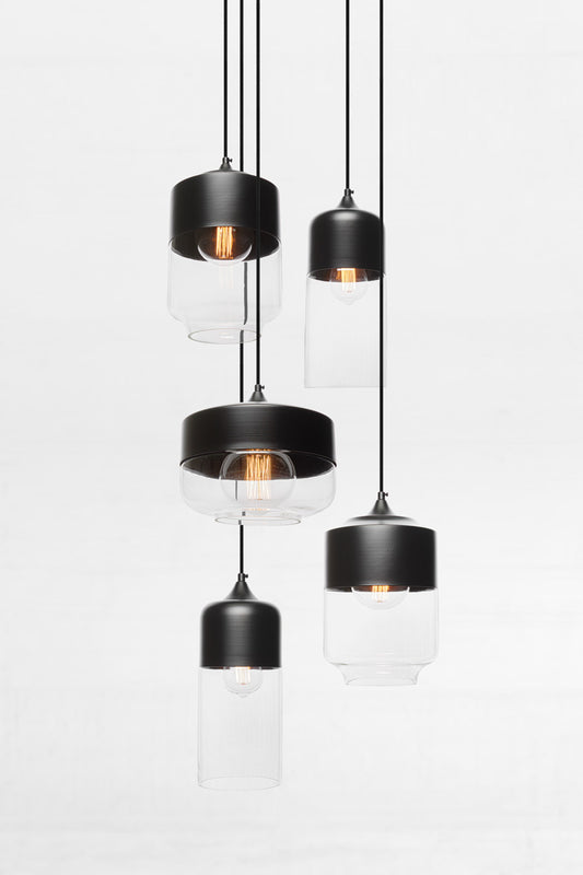 Dalton 5 drop mix mult drop pendant light with glass shades and black metal detailing. 