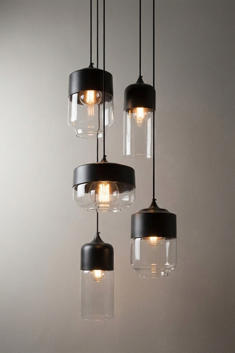 Dalton 5 drop mix mult drop pendant light with glass shades and black metal detailing. 