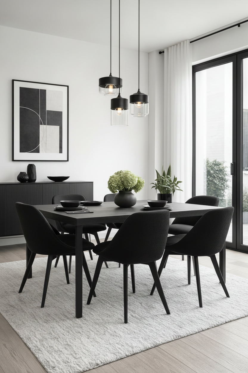 Black and clear glass pendants as a layered installation over a dining space. 