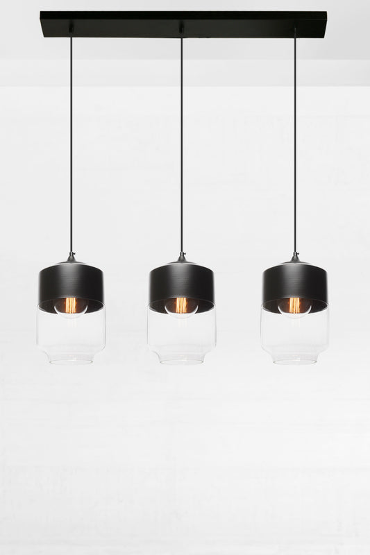  Drop linear pendant light with glass shades and black metal cap in variation B. 