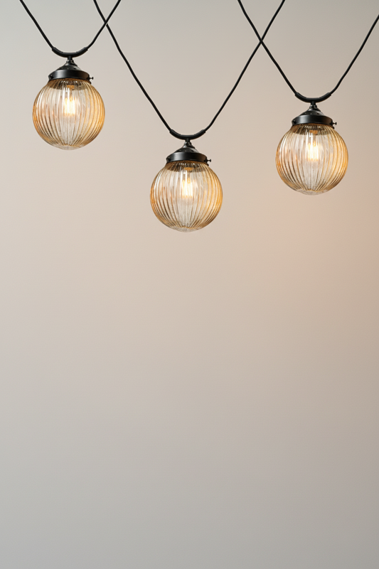 Three amber reeeded glass ball shades shown as a cluster on three black trapeze pendant cords. 