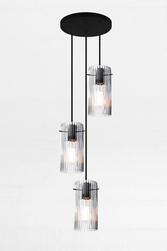 3 drop multi light pendant on a 200mm circular ceiling rose with clear reeded glass shades. 