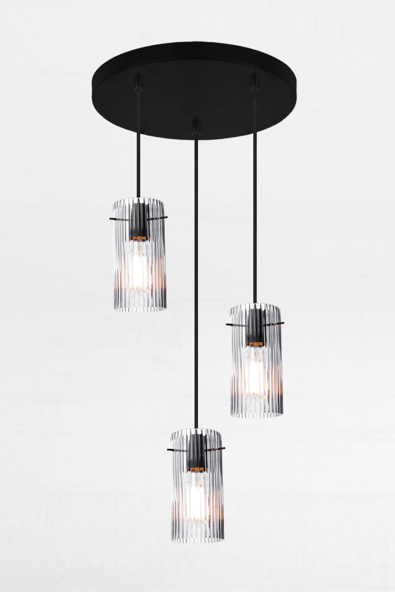 3 drop multi light pendant on a 400mm circular ceiling rose with clear reeded glass shades. 