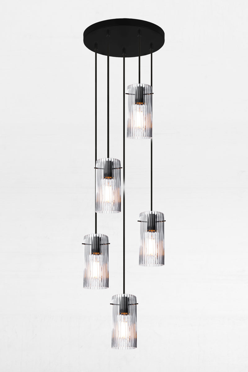 5 drop multi light pendant on a 200mm circular ceiling rose with clear reeded glass shades. 