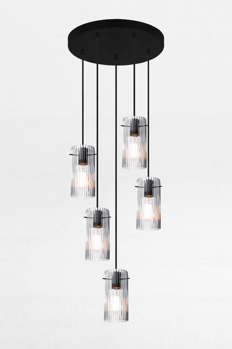 5 drop multi light pendant on a 400mm circular ceiling rose with clear reeded glass shades. 
