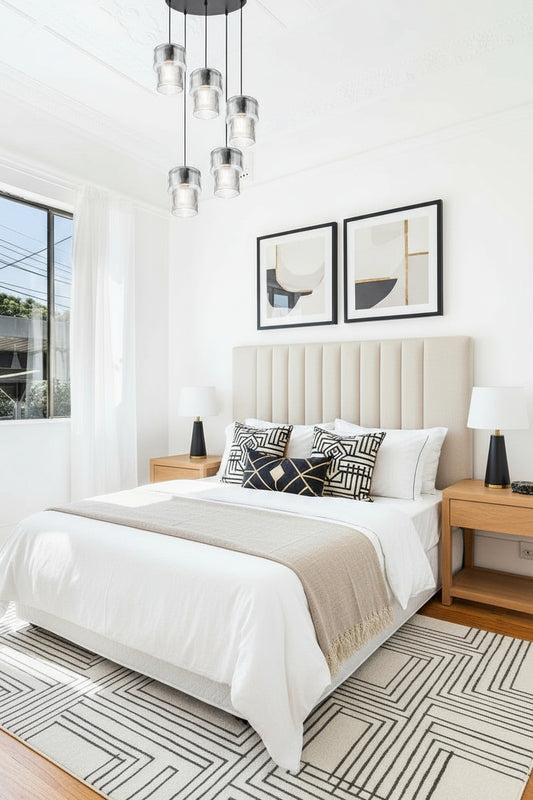 Five drop pendant with clear reeded glass shades over a art deco inspired bedroom.