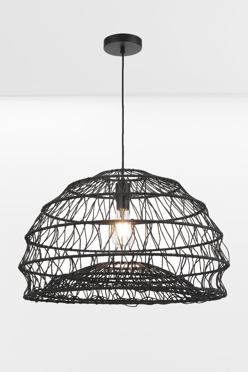 Large black woven basket pendant light with layered organic weave and matte black suspension fitting
