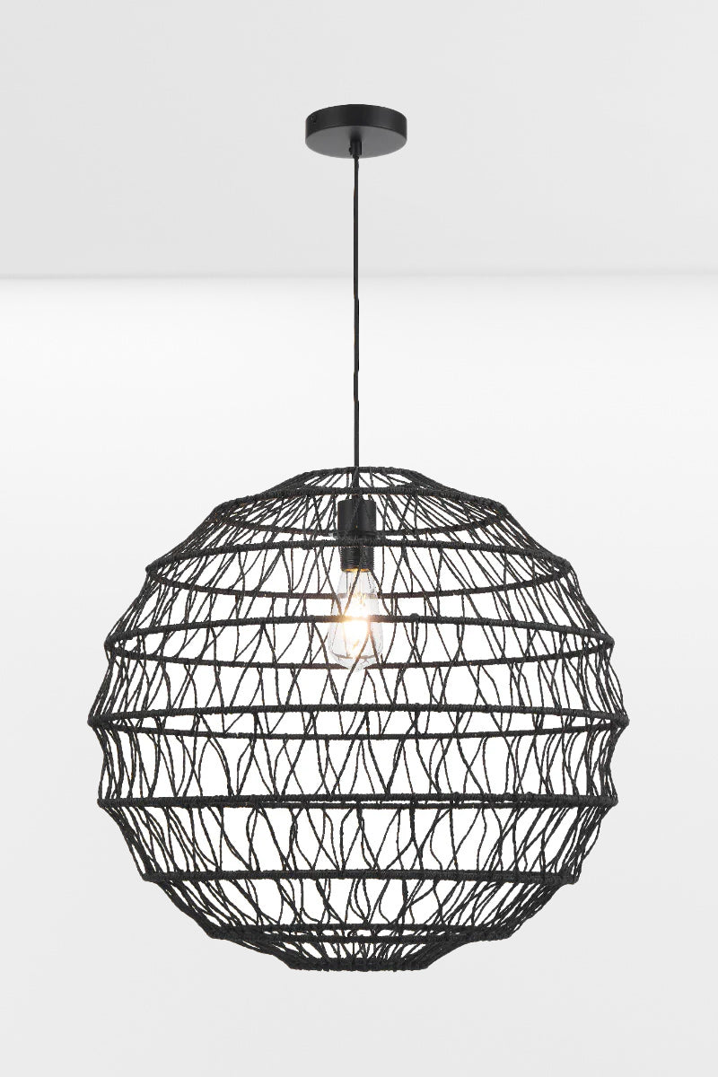 Large black woven rattan pendant light with spherical basket weave design and modern coastal styling
