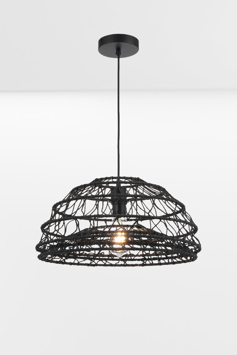 Small black woven dome pendant light with layered handwoven texture and matte black suspension cord