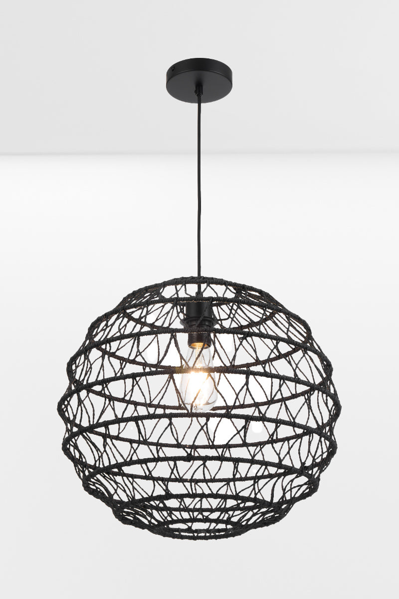 Contemporary small black woven globe pendant light with sculptural organic open weave detailing