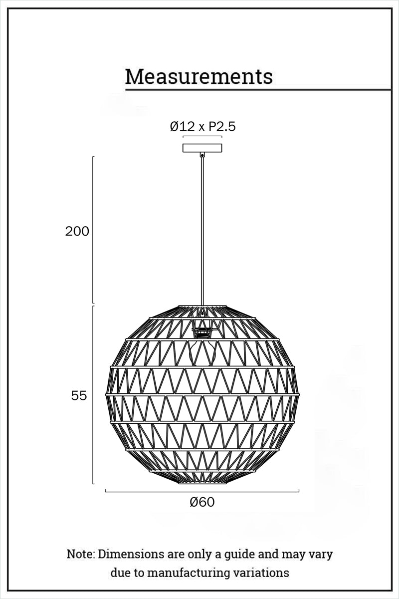 Dimensions diagram for the large woven spherical pendant light with overall measurements and suspension details