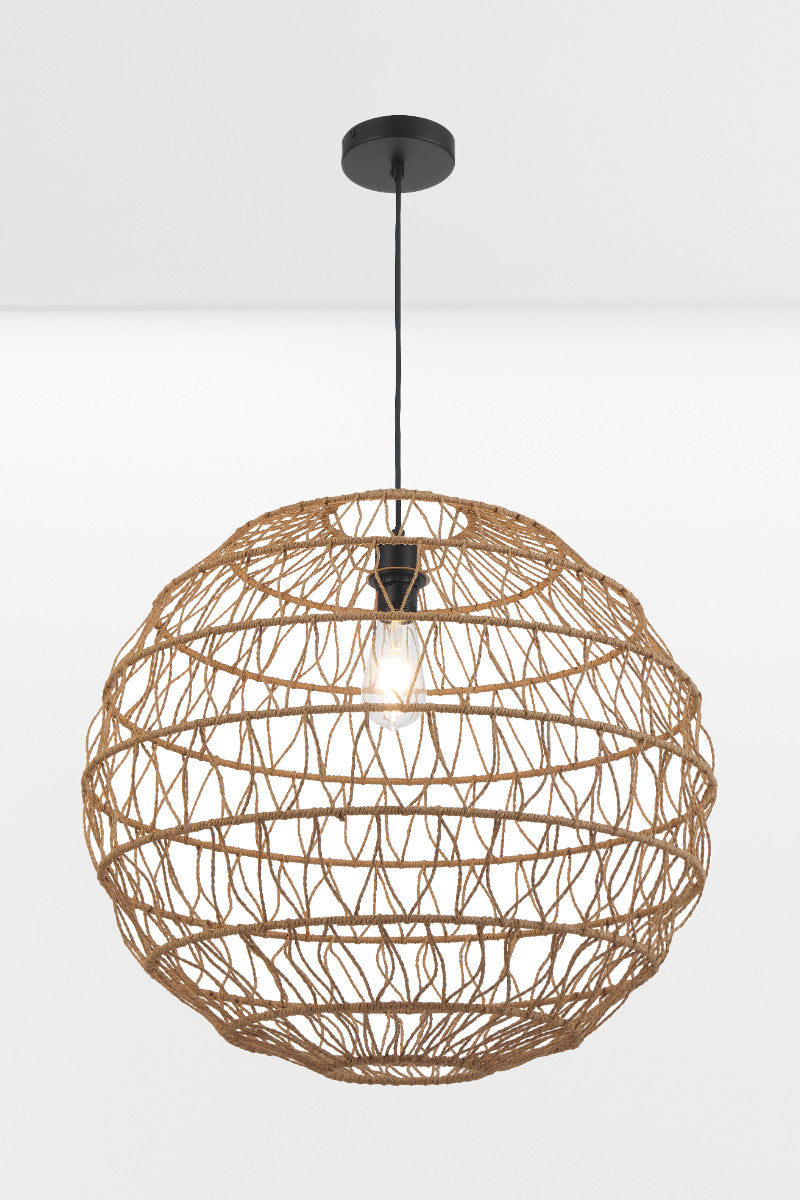 Large natural woven rattan sphere pendant light in light timber finish with black suspension cord on white background