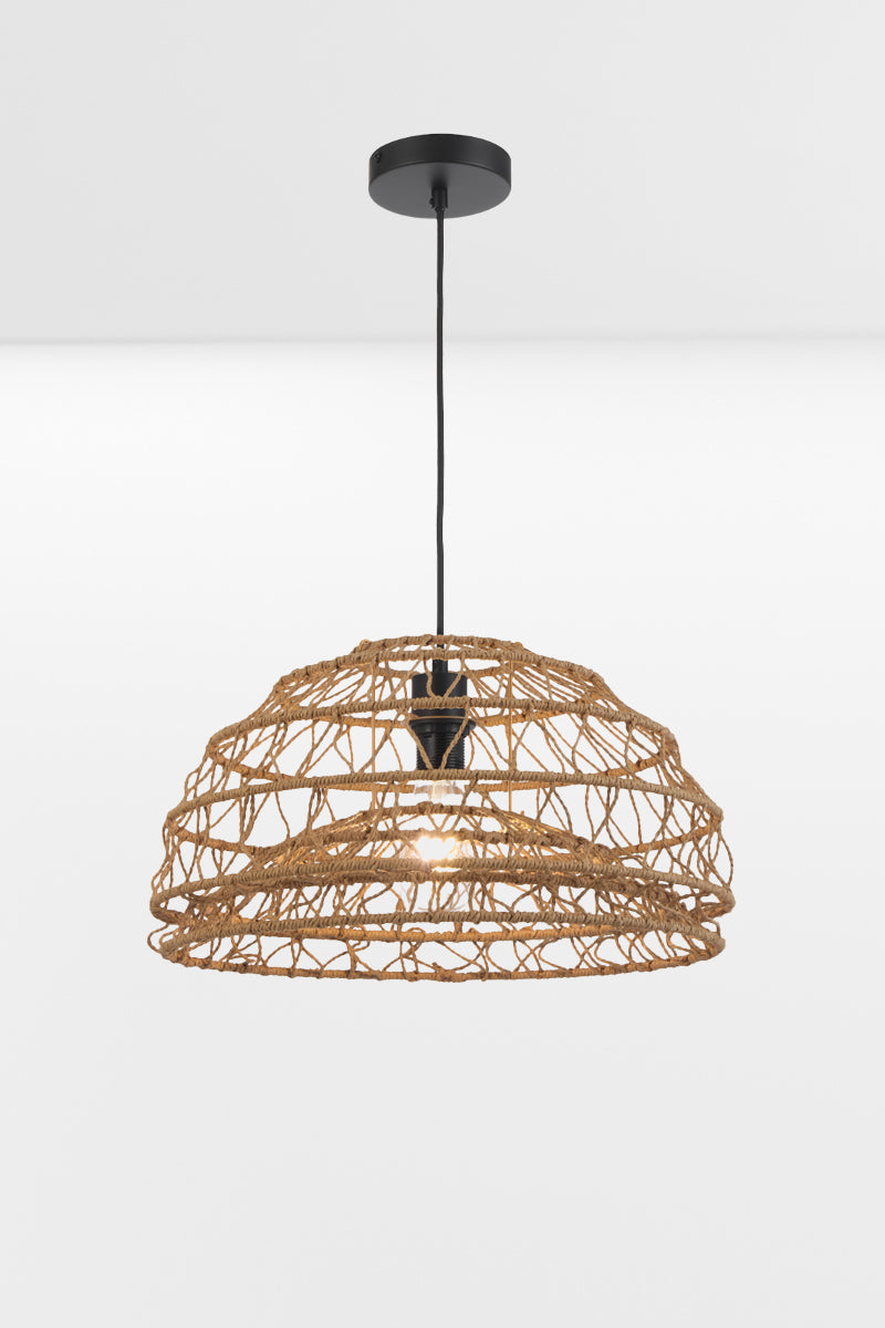 Low profile woven rattan pendant light in natural finish with layered basket weave design