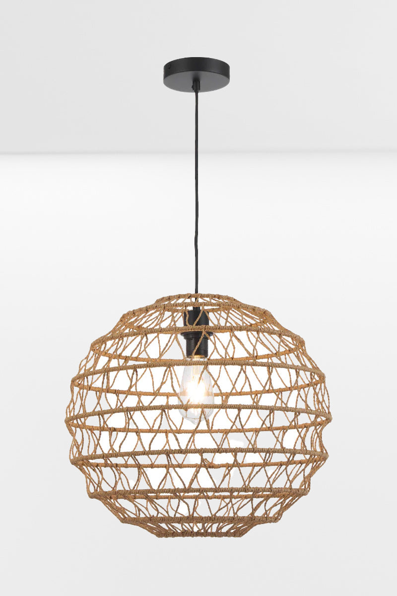 Small natural woven globe pendant light with open cane weave design and black ceiling canopy