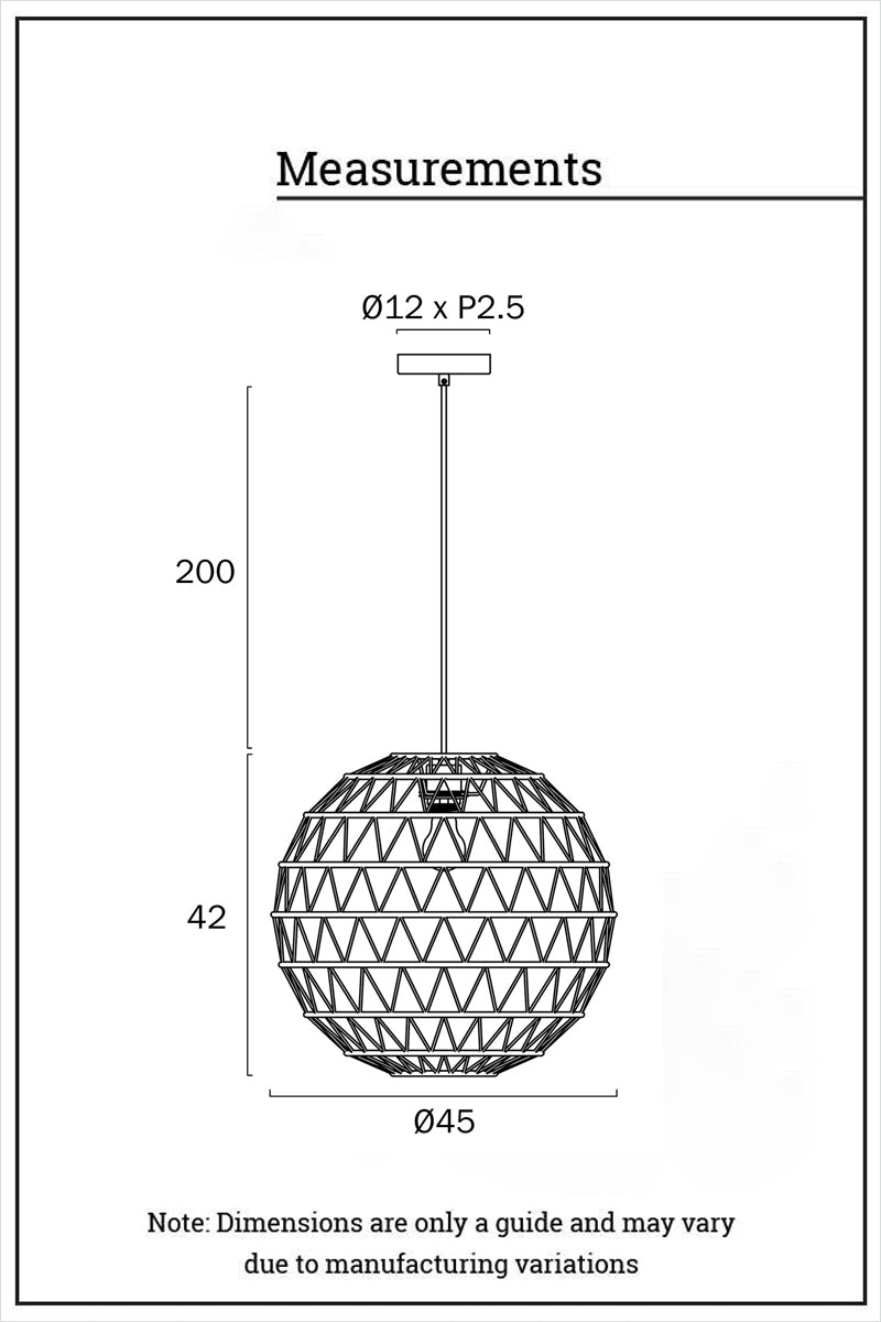 Measurement specifications diagram for the small woven dome pendant light with detailed dimensions and proportions