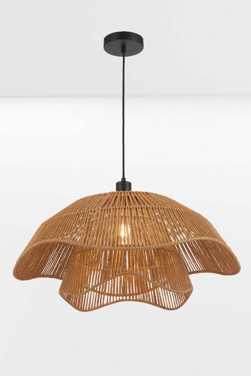 Front view of the Bribie Rattan Pendant Light with sculptural layered rattan shade and black ceiling canopy