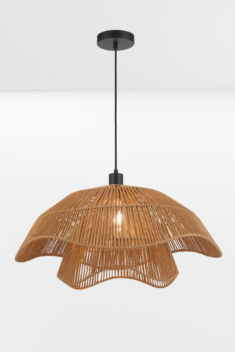 Bribie Rattan Pendant Light with layered scalloped woven shade and black cord on white studio background