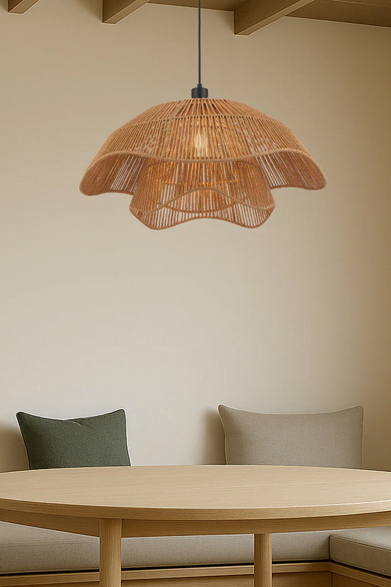 Bribie Rattan Pendant Light styled above timber dining setting in a warm organic interior