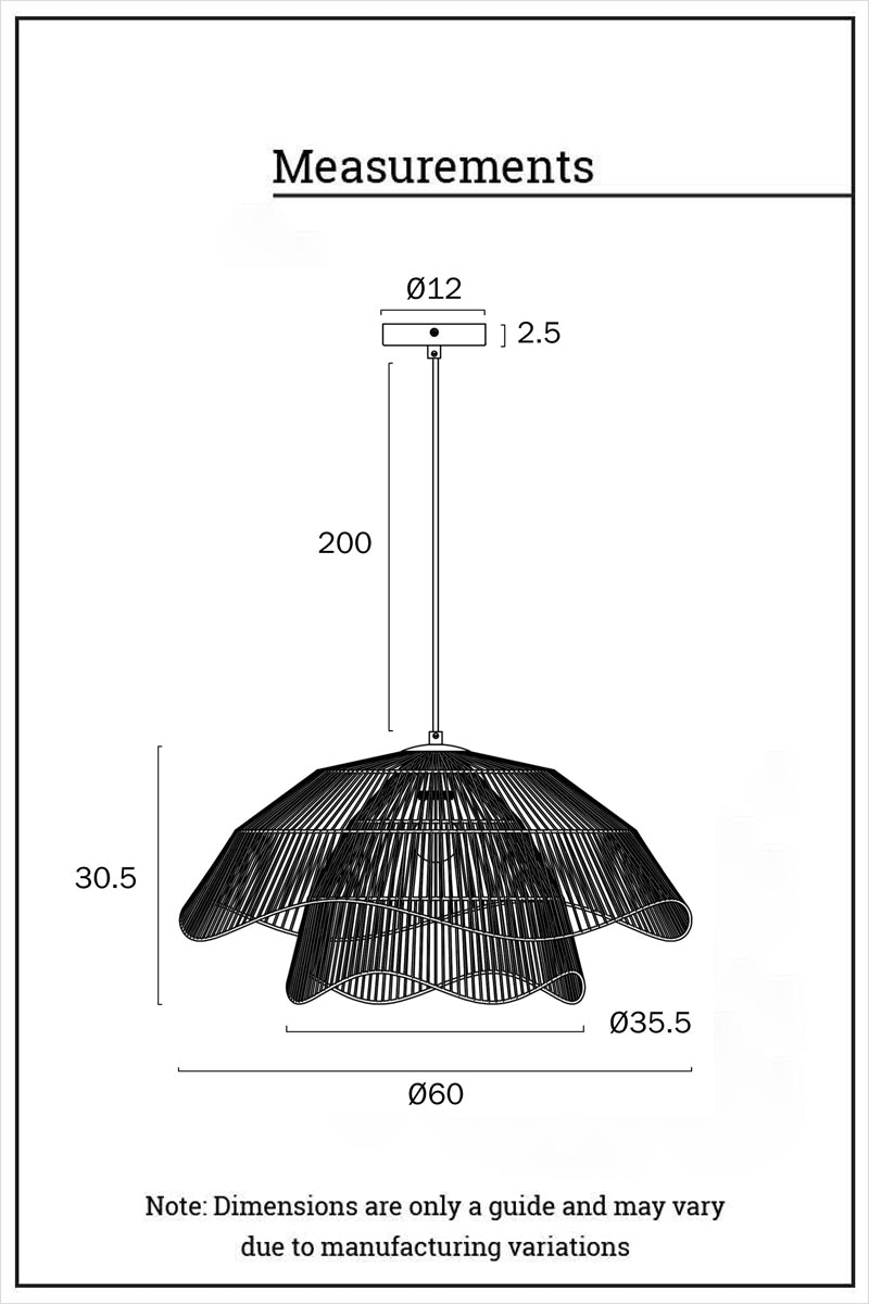 Technical dimensions drawing of the Bribie Rattan Pendant Light with overall measurements and suspension details