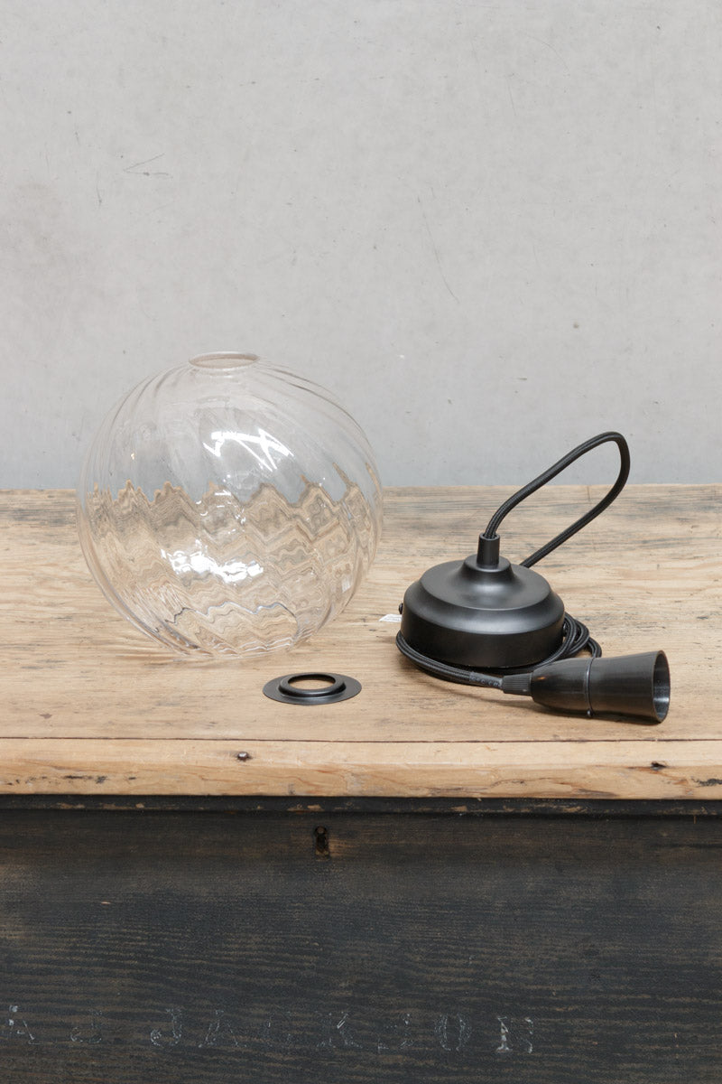 Kansas Glass Pendant Light components with clear twisted ball shade, black ceiling rose, lampholder and braided cord