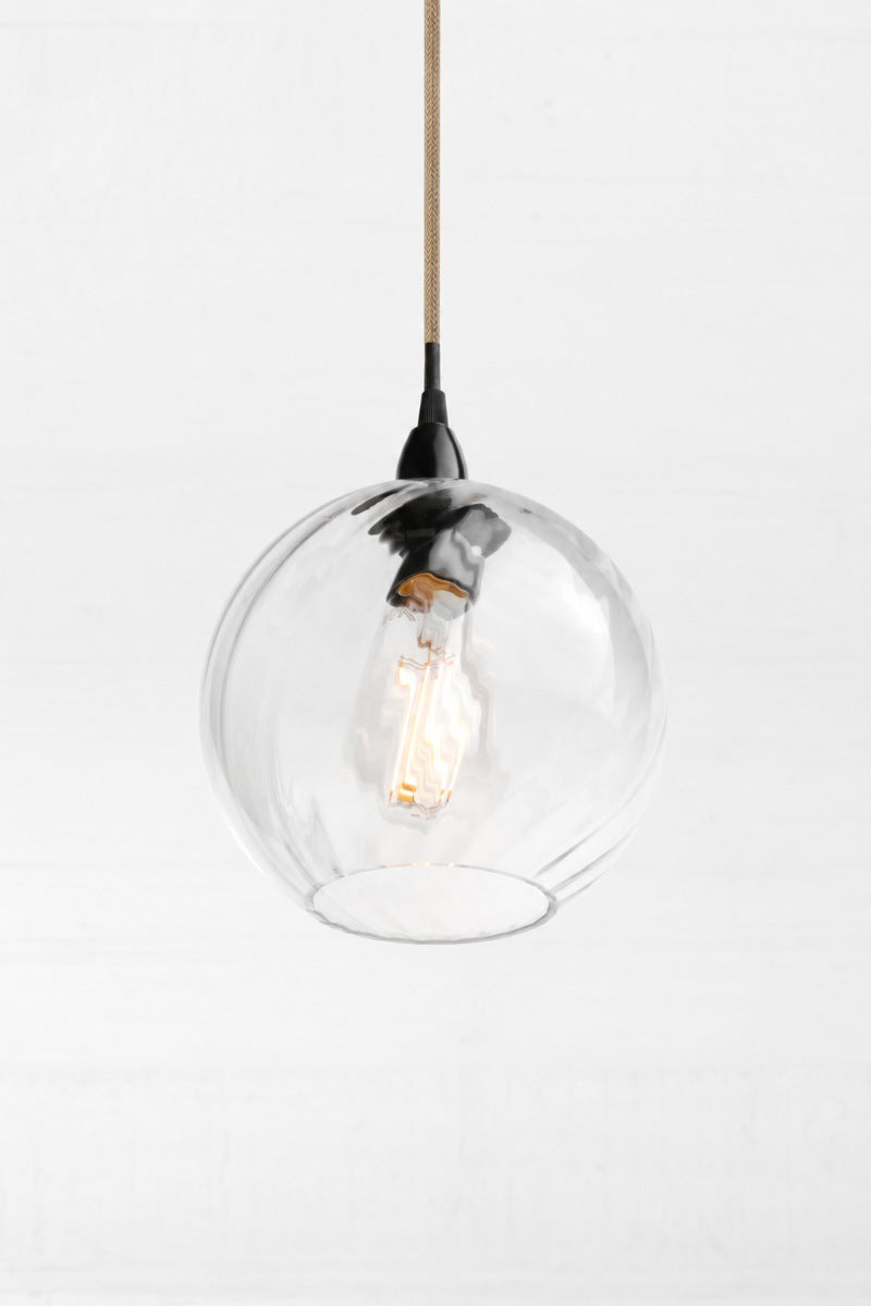 Kansas clear glass pendant light with rounded twisted ball shade, exposed bulb and jute pendant cord