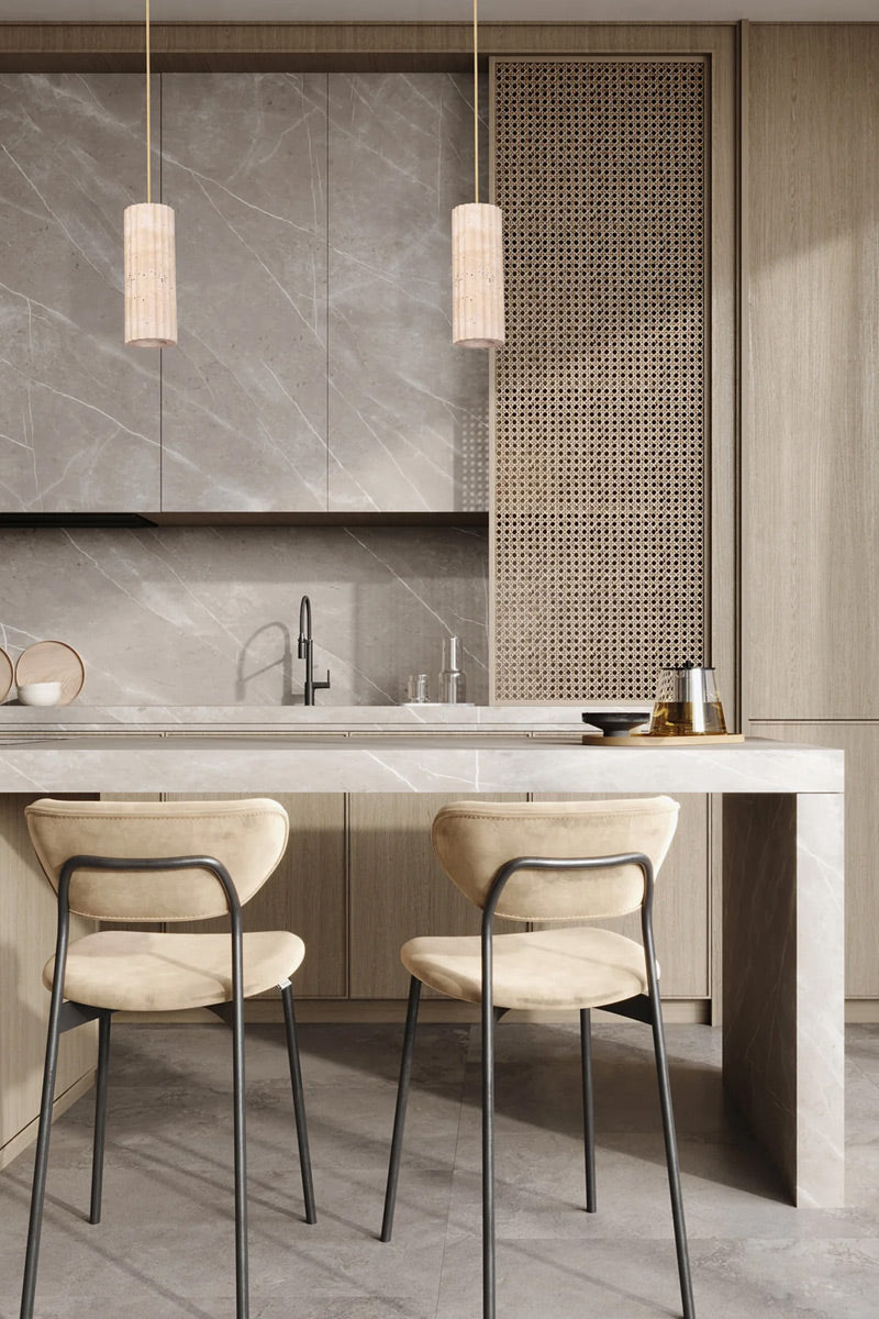 two travertine pendant lights in a modern kitchen