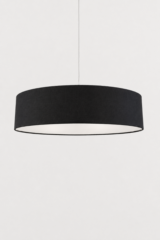 Clemente black fabric drum pendant light with a modern cylindrical shade and black fabric suspension cord.
