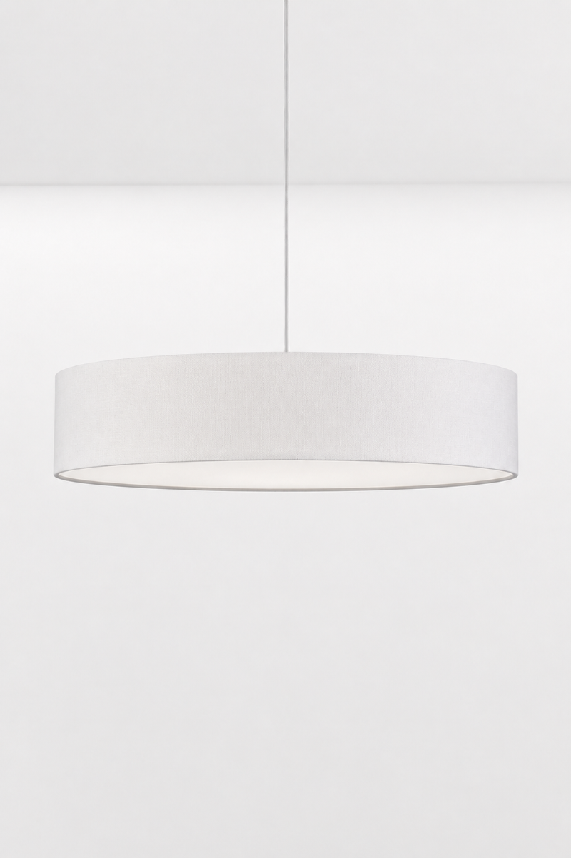 Clemente white fabric drum pendant light with a modern cylindrical shade and grey fabric suspension cord.