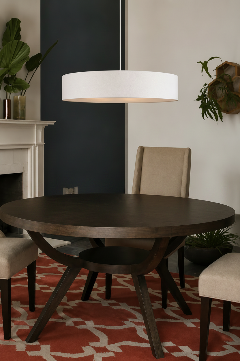 Clemente white fabric drum pendant light suspended above a round dining table in a contemporary dining room.