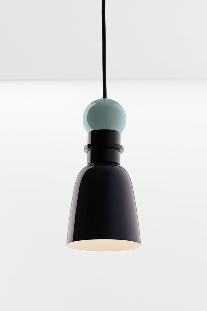 Putnam Pendant Light Style B in navy blue and mist blue with glossy powder coated finish and black suspension cord