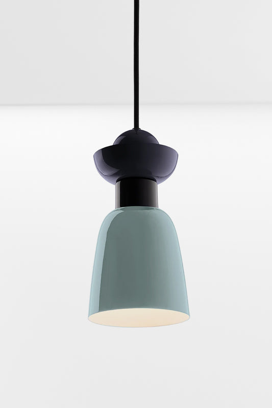 Putnam Pendant Light Style A with mist blue tapered shade, navy blue sculptural top detailing and black suspension cord