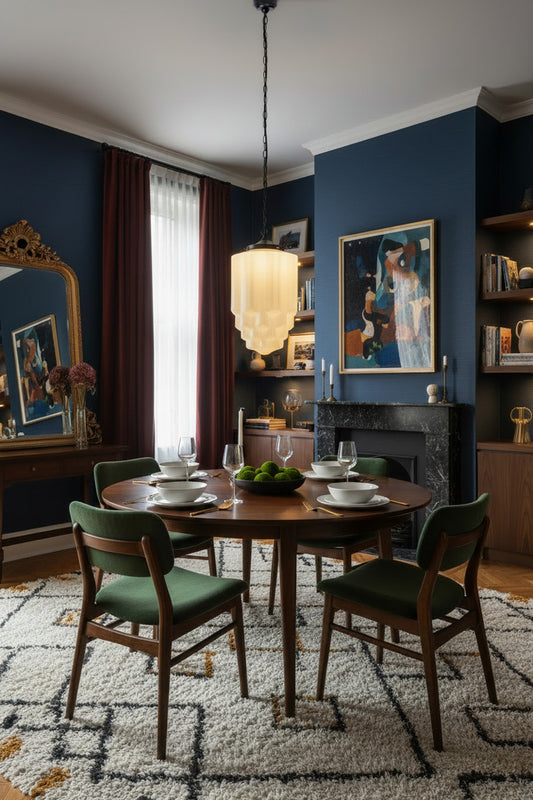 Large Art Deco inspired opal glass shade with angular detailing, hanging over a dining space with rich colours and furnishings. 