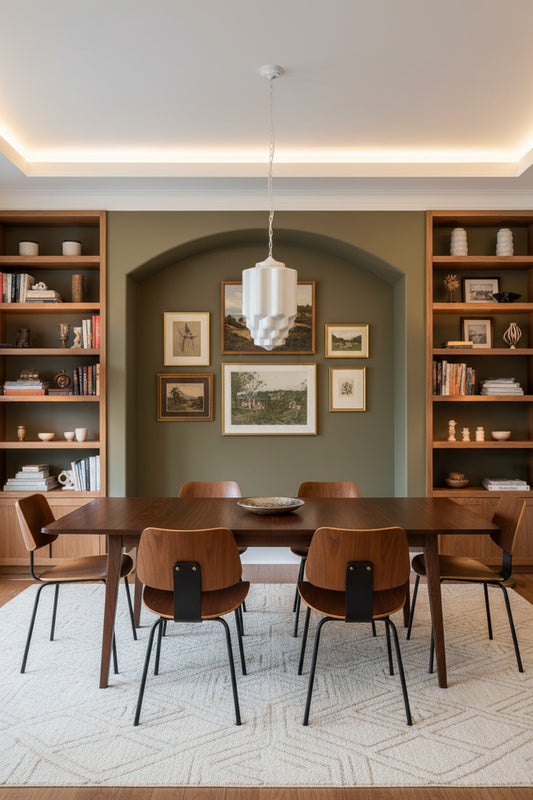 Large opal glass shade with art deco influence over a timebr dining table with green walls an decor. 