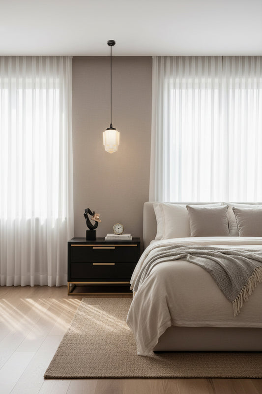 Modern bedroom with a bed, nightstand, and sophisticated art deco pendant light as bedside lighting